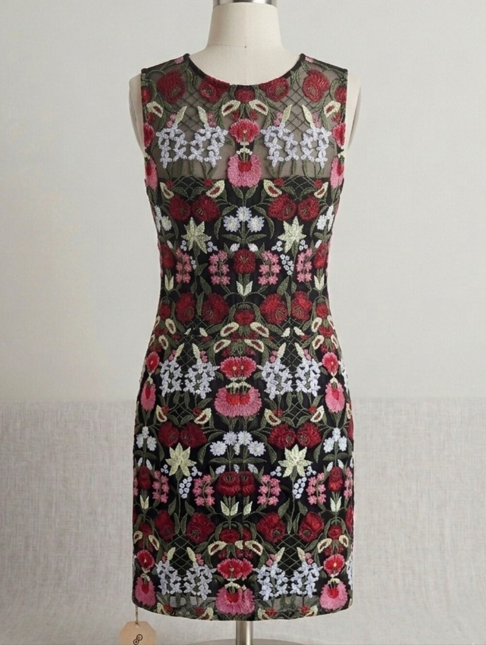 Lucy Paris Black Sheath Dress with Pink & Red Floral Embroidery